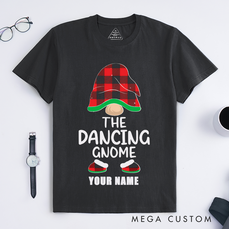 Personalized Dancing Gnome T-Shirts Unisex Cute Gift Plaid Hat Fun Custom Name Tee for Family Friends