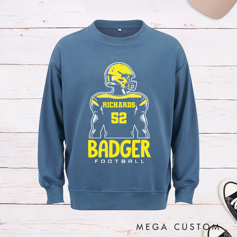 Personalized American Football Sweatshirt with Custom Team Name and Number on the Player Back