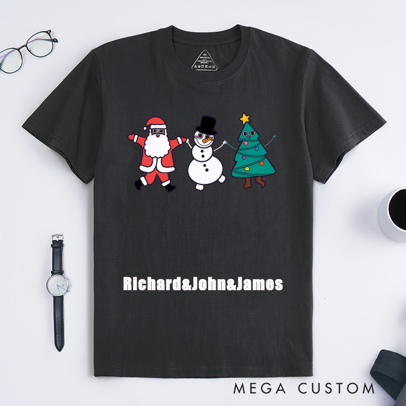 Personalized Christmas Cartoon Dance T-Shirt Unisex Custom Name Gift Santa Snowman Tree Design Family Matching Outfit for Men Women