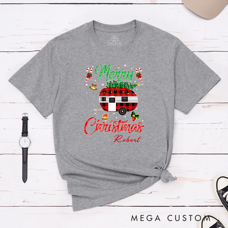 Personalized Plaid Camper Christmas T-Shirt Hiking Adventure Lover Shirt Christmas Gift for Outdoors 