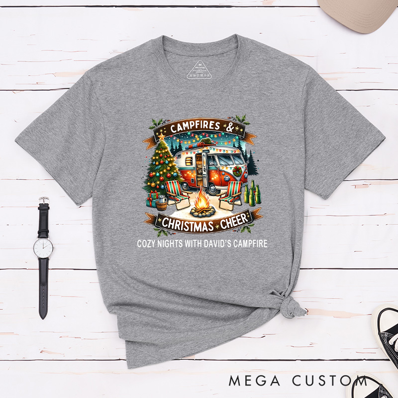 Personalized Campfires Christmas Cheer T-Shirt Merry Christmas Shirt Gift for Camping Outdoors Lover