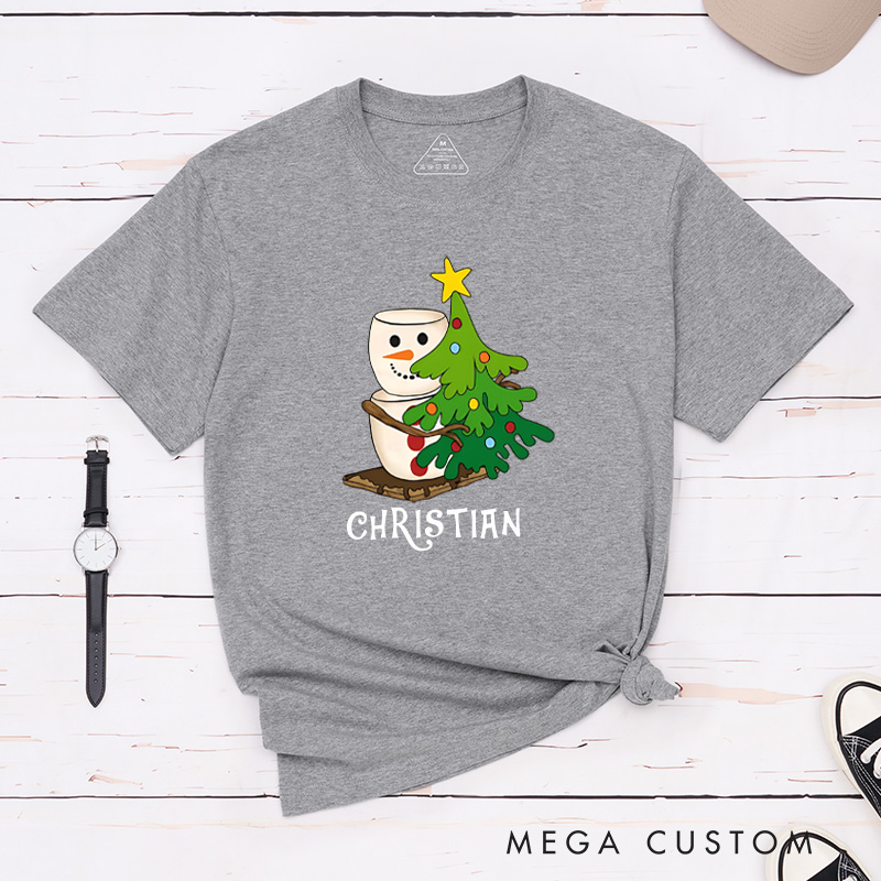 Personalized Marshmallow Snowman Hugging a Christmas Tree T-Shirt Christmas Camping Shirt Gift for Outdoor Hiking Lover