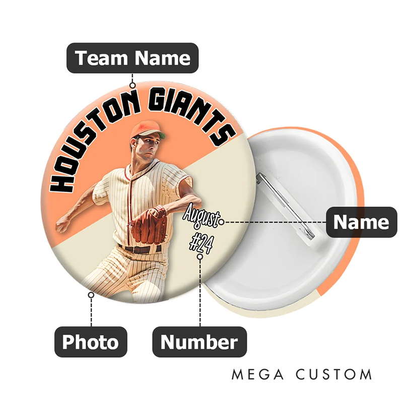 Personalized Baseball Button Pin with Custom Team Name, Player Name, Image, and Number Design