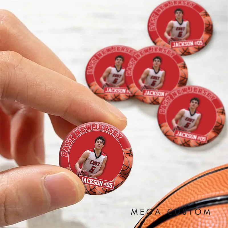 Personalized Soccer Button Pin with Custom Team Name, Player Name, Photo, and Number Design
