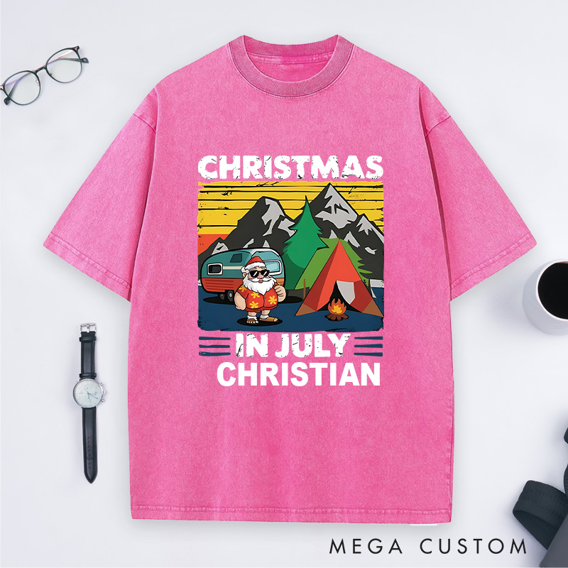 Personalized Christmas in July Washed T-Shirt Outdoor Tropical Camping Washed T-Shirt  Gift for Hiking Lover
