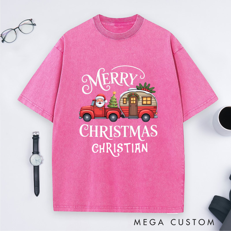 Personalized Merry Christmas Washed T-Shirt Outdoor Camping T-Shirt Gift for Adventure Hiking Lover