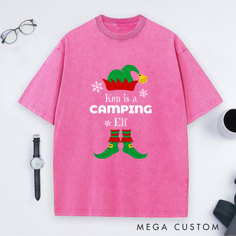 Personalized Camping Elf Washed T-Shirt Christmas Outdoor Adventure T-Shirt Gift for Hiking Lover