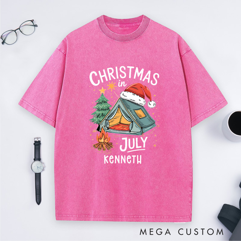 Personalized Christmas in July Washed T-Shirt Outdoor Camping Lover T-Shirt Christmas Gift for Hiking Lover