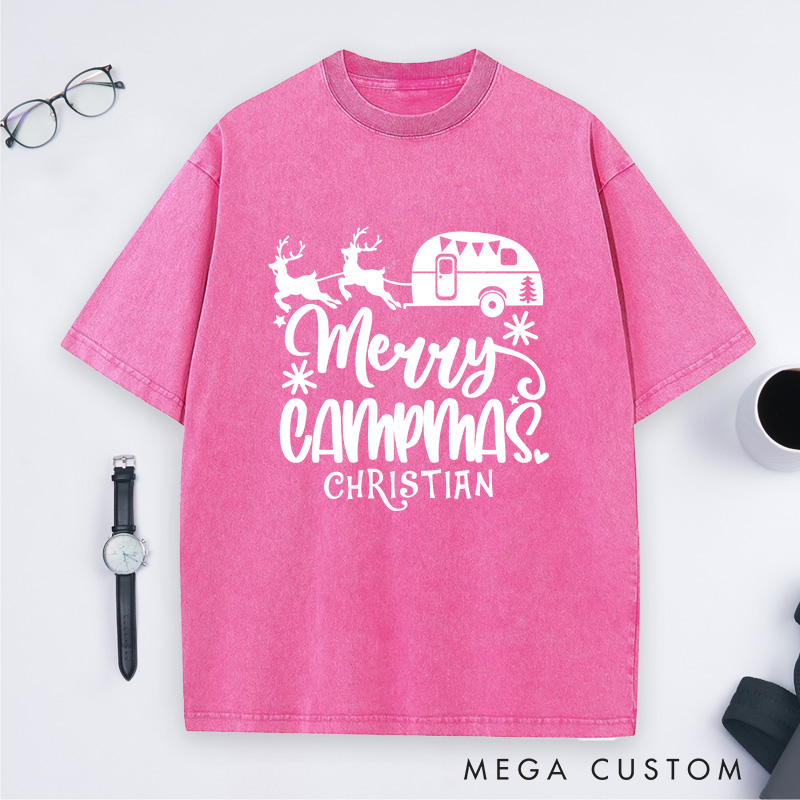 Personalized Merry Campmas Washed T-Shirt Outdoors Camping Christmas T-Shirt Gift for Hiking Lover