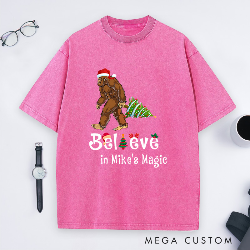 Personalized Bigfoot Adventure Christmas Washed T-Shirt Merry Christmas T-Shirt Gift for Hiking Outdoors Lover