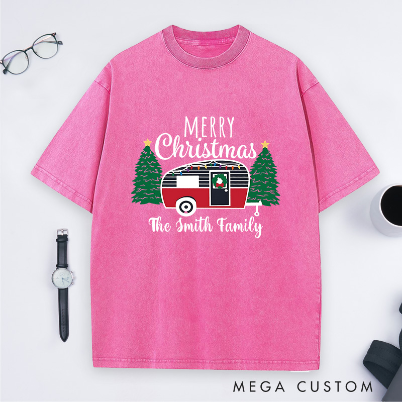 Personalized Cozy Camper Christmas Washed T-Shirt Merry Christmas T-Shirt Christmas Gift for Outdoors Lover