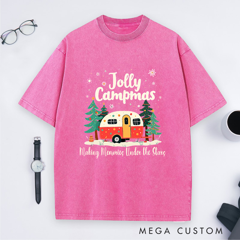 Personalized Jolly Campmas Washed T-Shirt Outdoor Camping Christmas Shirt Gift for Hiking Lover
