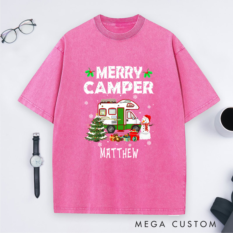 Personalized Merry Camper Washed T-Shirt Outdoor Camping Christmas T-Shirt Holiday Gift for Hiking Lovers
