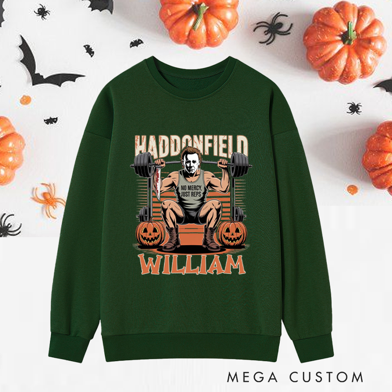 Personalized Halloween Classic Sweatshirts with Fierce Weightlifting Character Pumpkins Sweatshirts Gift for Fitness Enthusiasts Bodybuilders and Gym Lovers