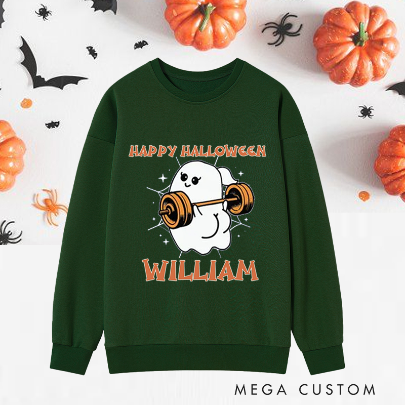 Personalized Halloween Classic Sweatshirts with Adorable Ghost Lifting Barbell Sweatshirts Gift for Fitness Enthusiasts Bodybuilders and Gym Lovers