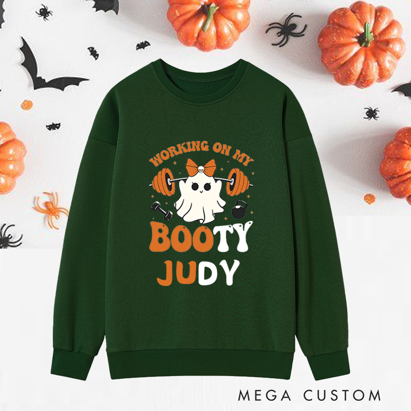 Personalized Halloween Classic Sweatshirts with Ghost Barbell Working on My Booty Sweatshirts Gift for Fitness Enthusiasts Bodybuilders and Gym Lovers