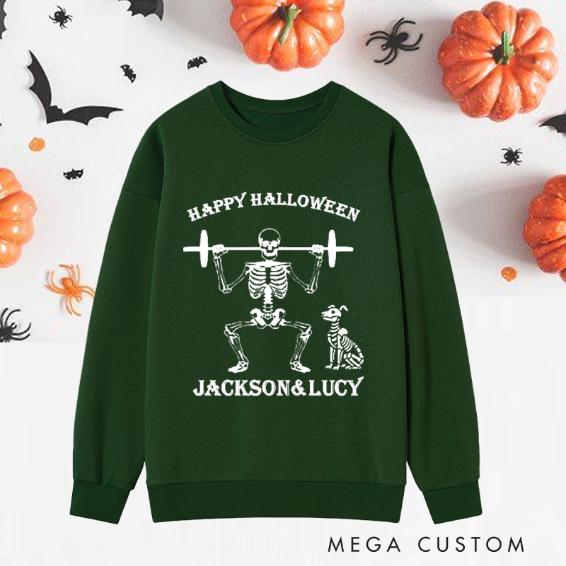 Personalized Halloween Classic Sweatshirts with Skeleton Weightlifting with Dog Sweatshirts Gift for Fitness Enthusiasts Bodybuilders and Gym Lovers