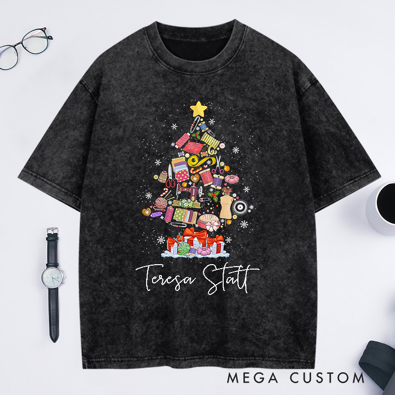 Personalized Sewing Machine Christmas Tree Washed T-Shirts Quilting Shirt Sewing Lover T-Shirt Christmas Tailor Gift Sewing Christmas Shirt