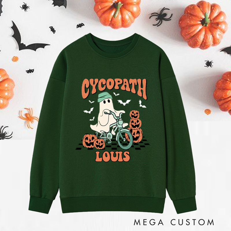 Personalized Halloween Classic Sweatshirts with Ghost Riding Bike with Pumpkins for Fitness Enthusiasts Bodybuilders and Gym Lovers