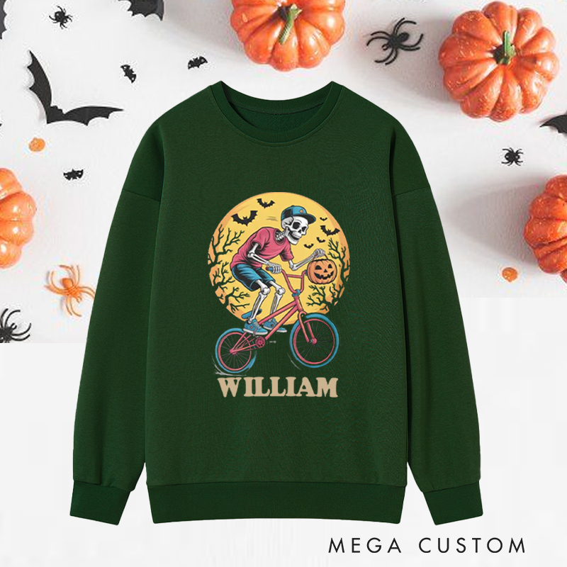 Personalized Halloween Classic Sweatshirts with Skeleton Riding Bike with Pumpkin and Moon for Fitness Enthusiasts Bodybuilders and Gym Lovers