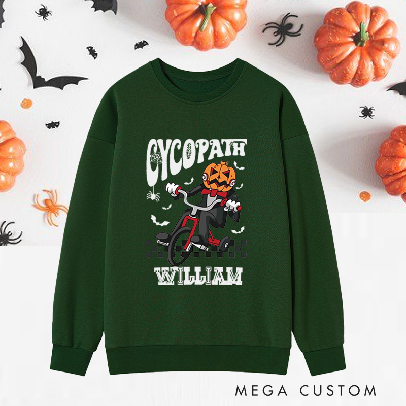 Personalized Halloween Classic Sweatshirts with Pumpkin Head Riding Tricycle for Fitness Enthusiasts Bodybuilders and Gym Lovers