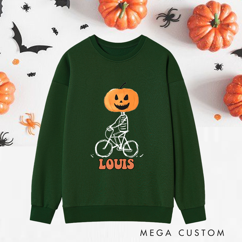 Personalized Halloween Classic Sweatshirts with Pumpkin Head Skeleton Riding Bike for Fitness Enthusiasts Bodybuilders and Gym Lovers