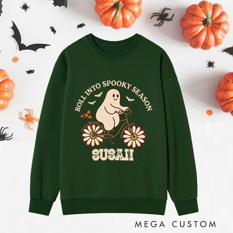 Personalized Halloween Classic Sweatshirts with Cute Ghost on Bicycle with Floral Wheels for Fitness Enthusiasts Bodybuilders and Gym Lovers