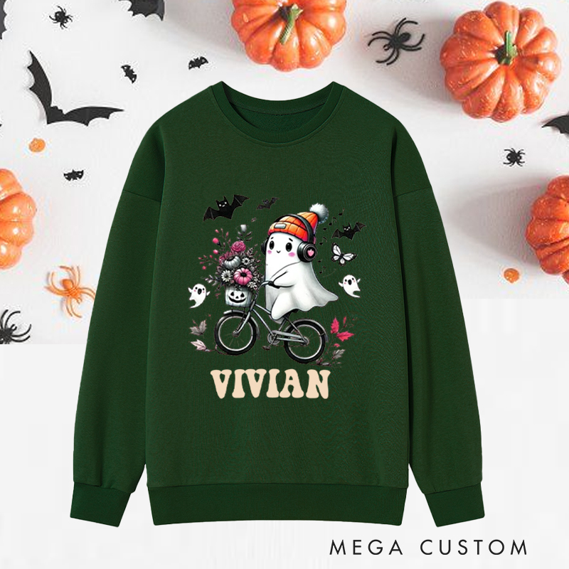 Personalized Halloween Classic Sweatshirts with Cute Ghost on Bike with Floral Basket and Headphones for Fitness Enthusiasts Bodybuilders and Gym Lovers