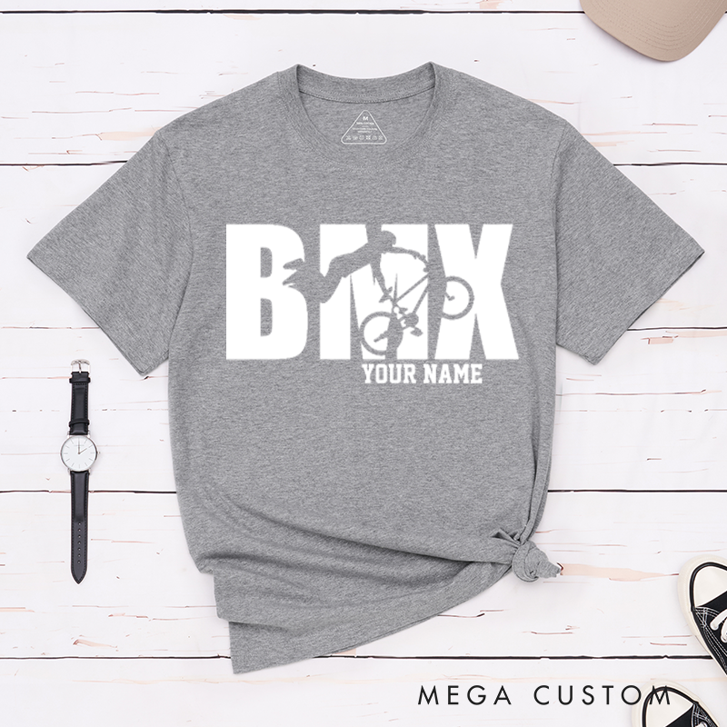 Personalized BMX T-Shirt with a Rider Performing an Awesome Stunt for Outdoor Adventures Riding Cycling Biking Enthusiasts