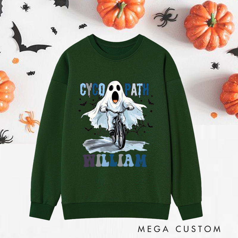 Personalized Halloween Classic Sweatshirts with Funny Ghost on Bicycle Screaming Face and Headphones for Fitness Enthusiasts Bodybuilders and Gym Lovers