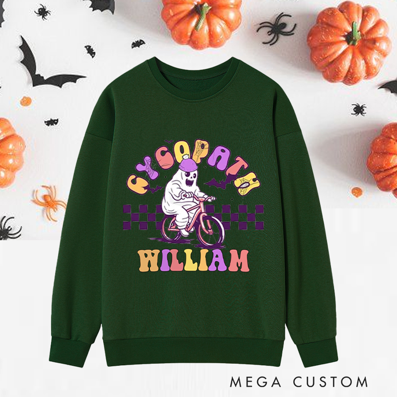 Personalized Halloween Classic Sweatshirts with Ghost on Bike with Purple Helmet for Fitness Enthusiasts Bodybuilders and Gym Lovers