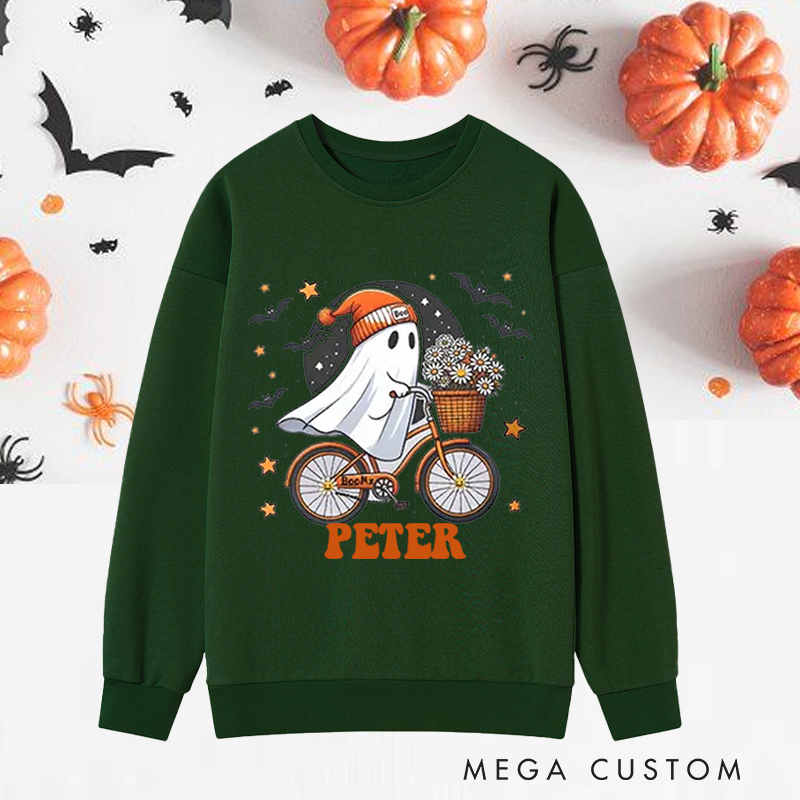 Personalized Halloween Classic Sweatshirts with Cute Ghost Riding Bike Basket of Flowers for Fitness Enthusiasts Bodybuilders and Gym Lovers