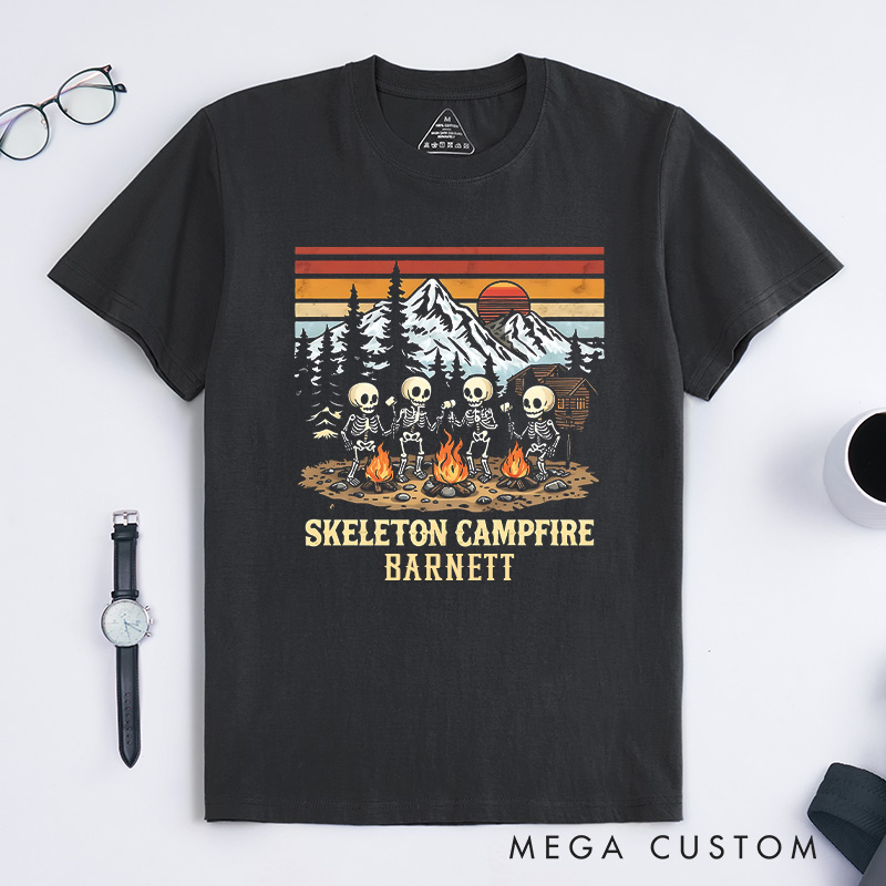 Personalized Skeleton Campfire T-Shirt Camping Hiking Lovers Shirt Halloween Gift Outdoor