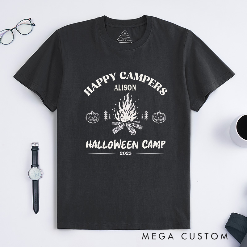 Personalized Halloween Happy Campers T-Shirt Outdoor Bonfire T-Shirt Halloween Gift for Hiking