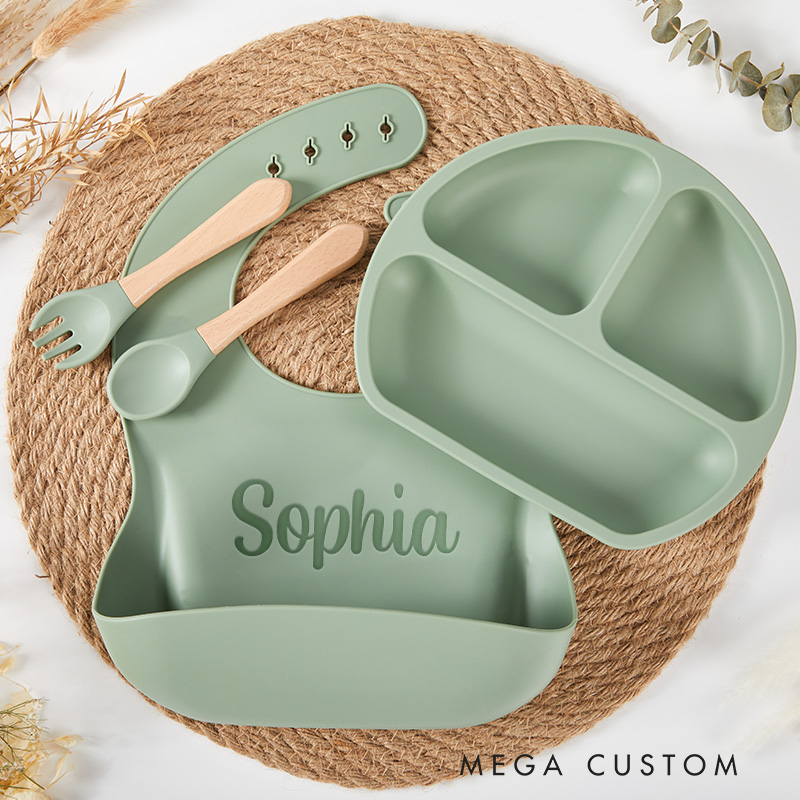 Personalized Feeding Set with Name Cartoon Weaning Set for Baby Eco-Friendly Baby Plate Silicone Weaning Set Baby Shower Gift