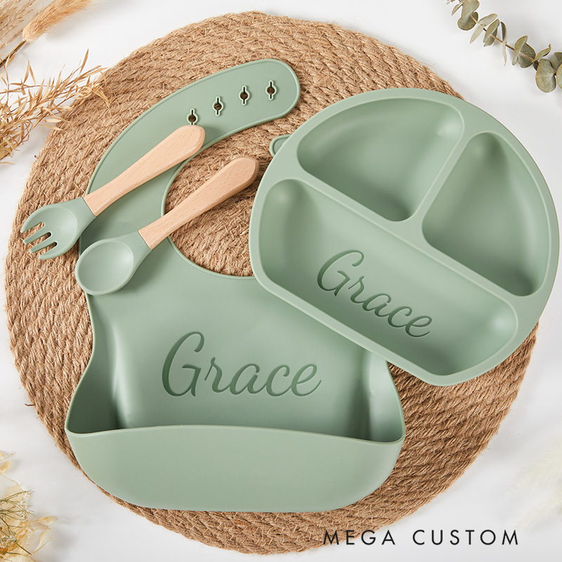 Personalized Silicone Weaning Set Cartoon Weaning Set for Baby Feeding Set with Name Eco-Friendly Baby Plate Baby Shower Gift