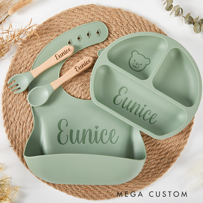 Personalized Feeding Set with Name Cartoon Weaning Set for Baby Eco-Friendly Baby Plate Silicone Weaning Set Baby Shower Gifts