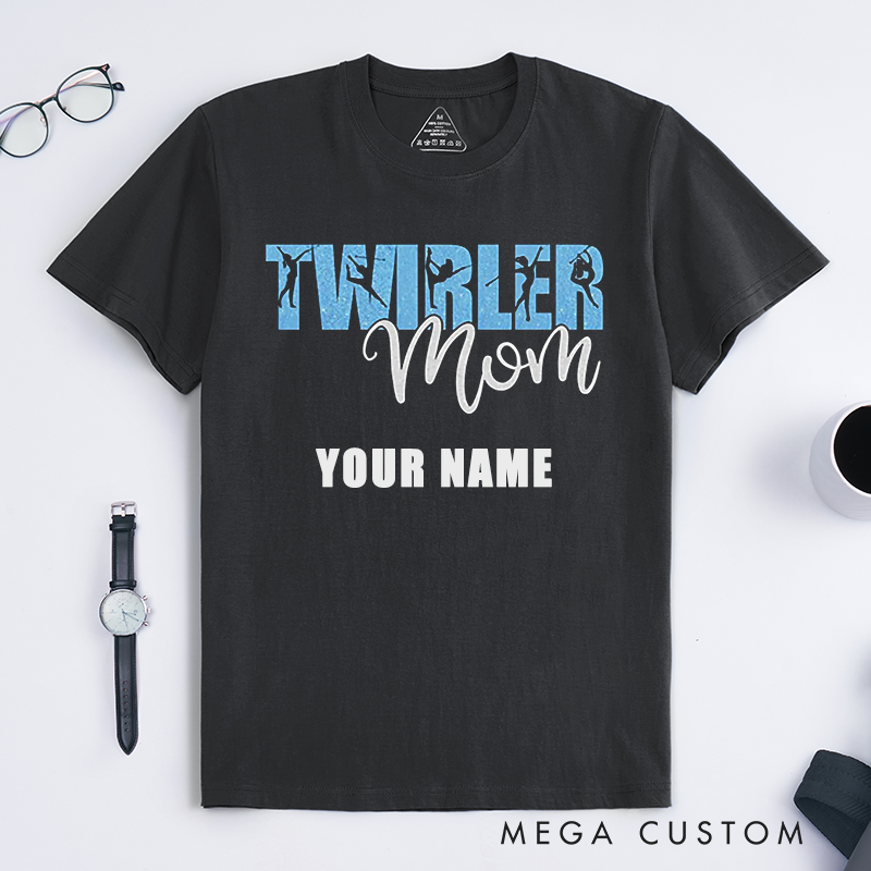 Personalized Twirler Mom T-Shirts Gift for Baton Twirling Supporter Custom Name Glitter Dance Team Parent Tee for Proud Mother