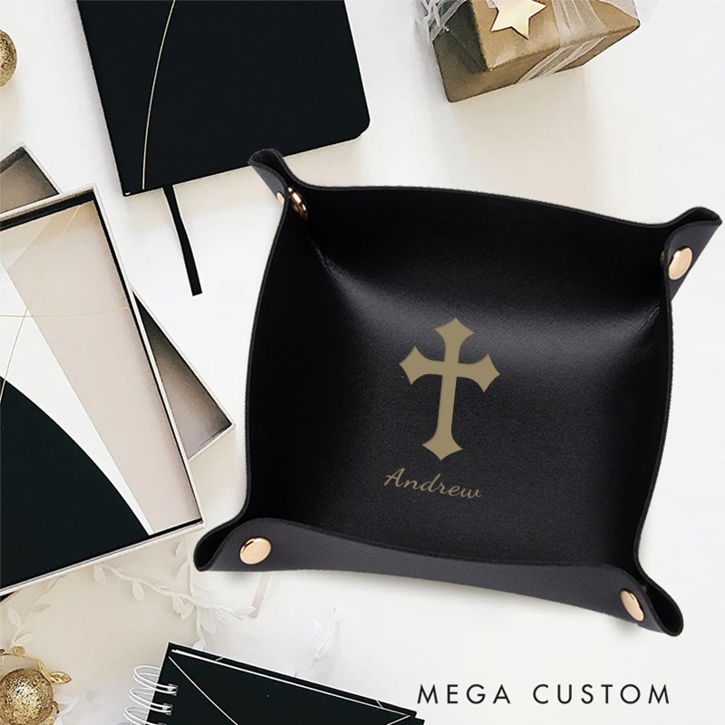 Personalized Classic Cross Foldable Leather Catchall Snap Tray with Name Desktop Storage Religious Gift Birthday Gift for Christian