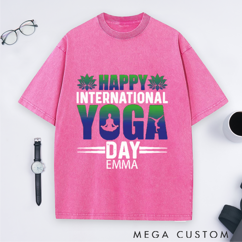 Personalized Yoga Washed T-Shirt with Happy International Yoga Day Design Perfect Gift for Yoga Lover