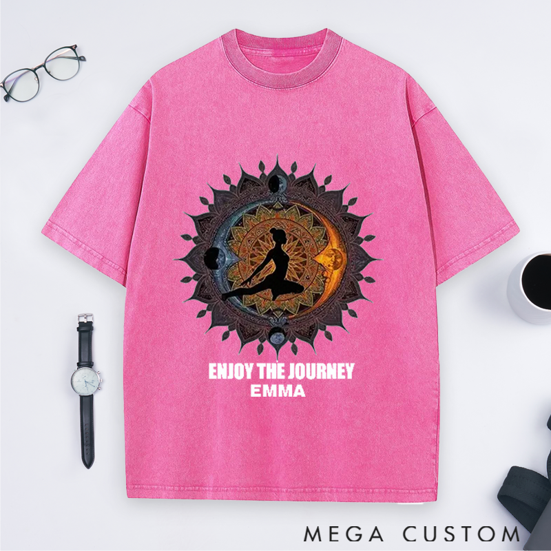 Personalized Enjoy the Journey Quote Yoga Washed T-Shirt with Mandala and Silhouette Design Perfect Gift for Yoga Lover