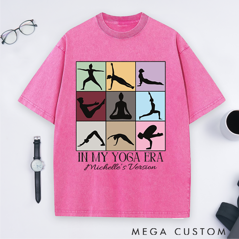 Personalized In My Yoga Era Theme Yoga Washed T-Shirt with Multicolor Yoga Pose Grid Design Perfect Gift for Yoga Lover