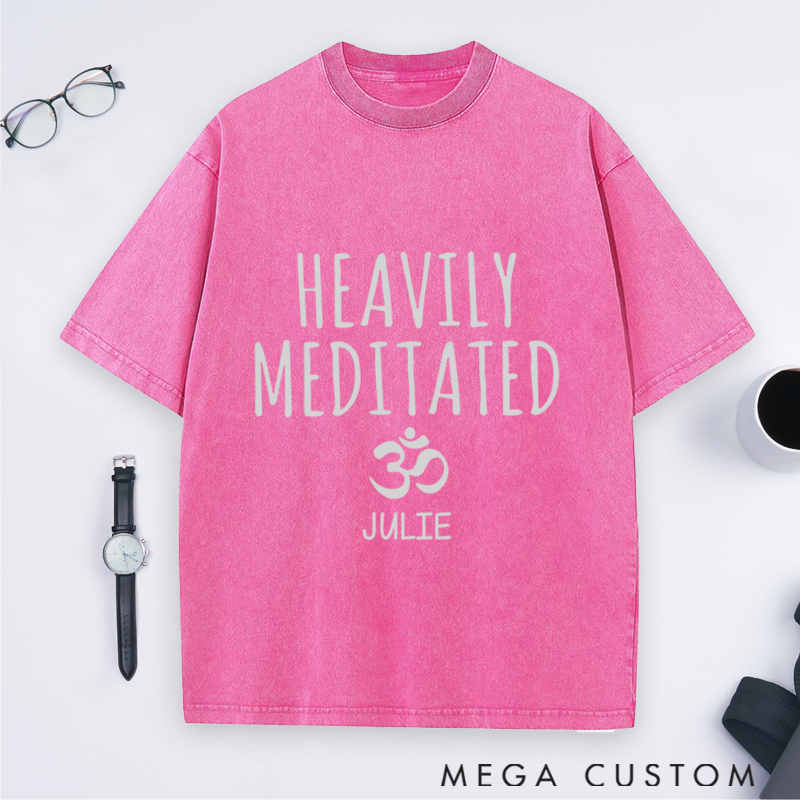 Personalized Yoga Washed T-Shirt with Heavily Meditated Design and Om Symbol Perfect Gift for Yoga Lover