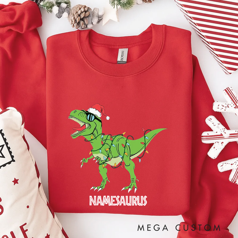Personalized Namesaurus Christmas Classic Sweatshirt Dinosaurs Movie Series Crewneck Movie Holiday Shirt