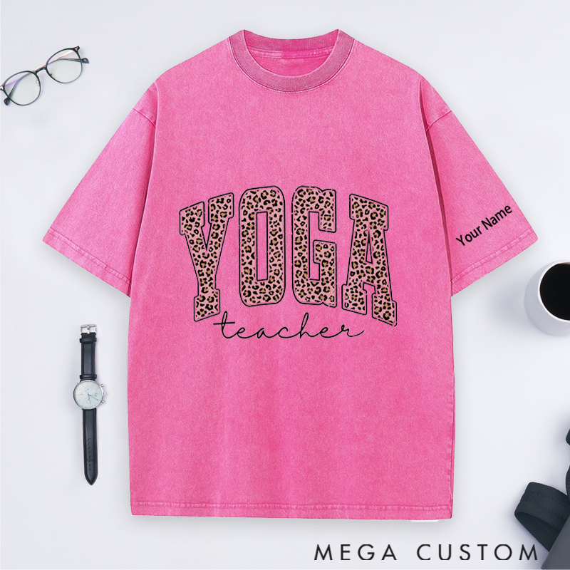 Personalized Yoga Teacher Washed T-Shirt with Leopard Print YOGA Design Perfect Gift for Yoga Lover