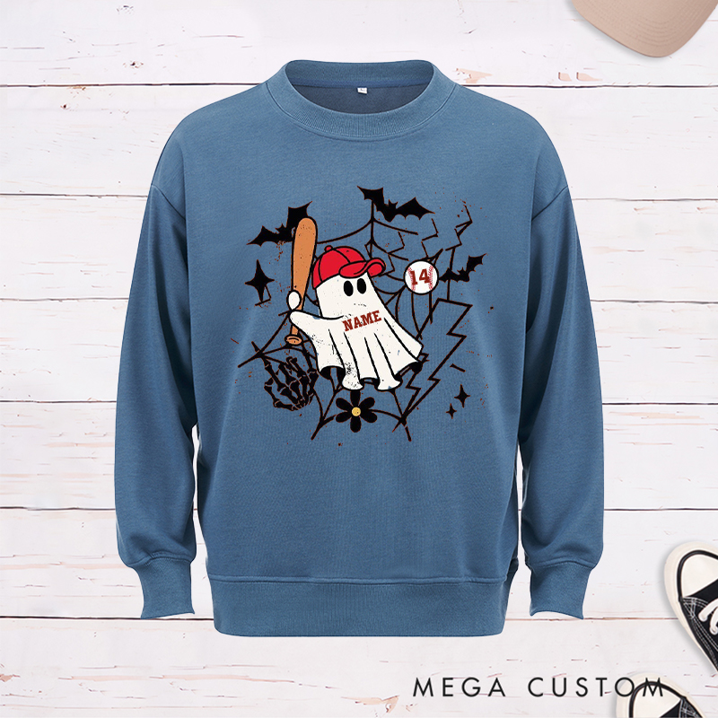Personalized Halloween Ghost Baseball Sweatshirt with Custom Name and Number 
