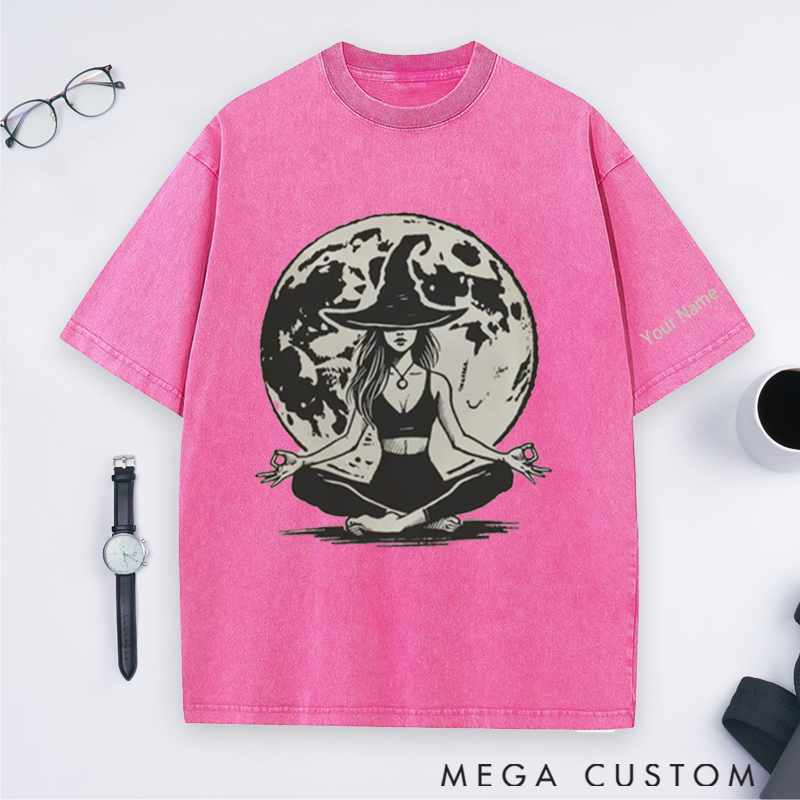 Personalized Witchy Yoga Washed T-Shirt with Mystic Moon and Meditating Witch Design Perfect Gift for Yoga Lover and Halloween