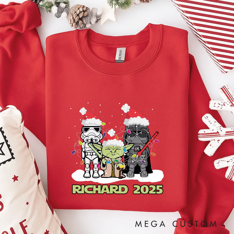 Personalized Cartoon Star Crew Christmas Classic Sweatshirt Galaxy War Film Crewneck Movie Holiday Shirt