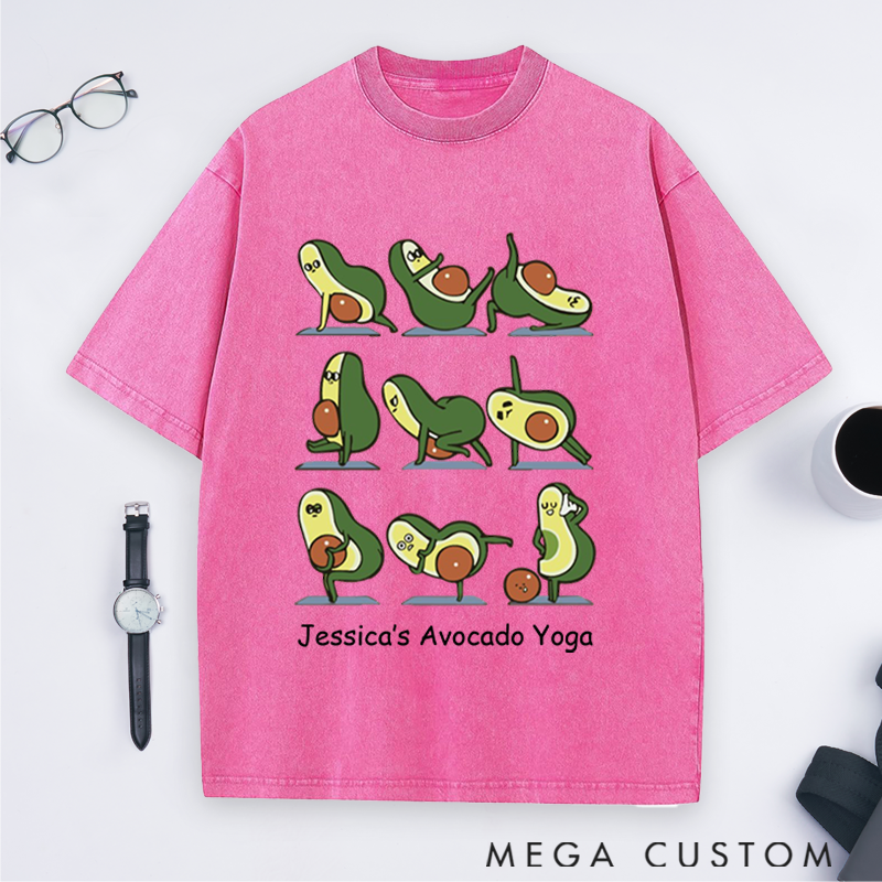Personalized Avocado Yoga Washed T-Shirt with Cute Avocado Poses Design Perfect Gift for Yoga Lover