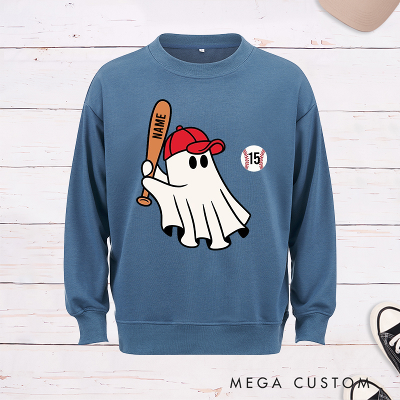 Personalized Halloween Sweatshirt with Ghost Holding Bat Custom Text  